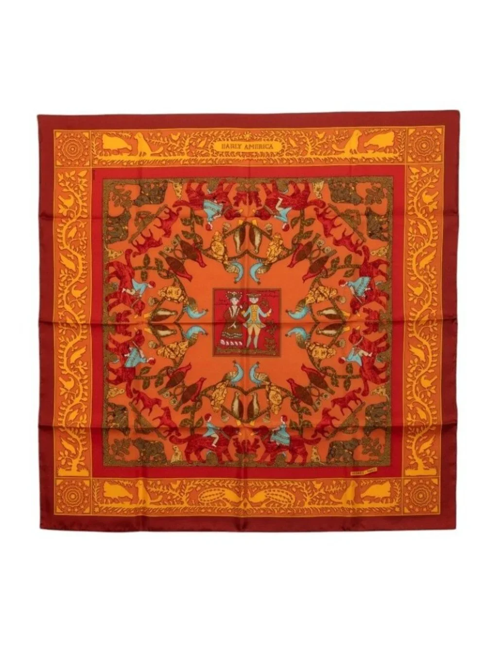 Hermes Carre 90 Early America Vintage Scarf Large Brown Multicolor Silk